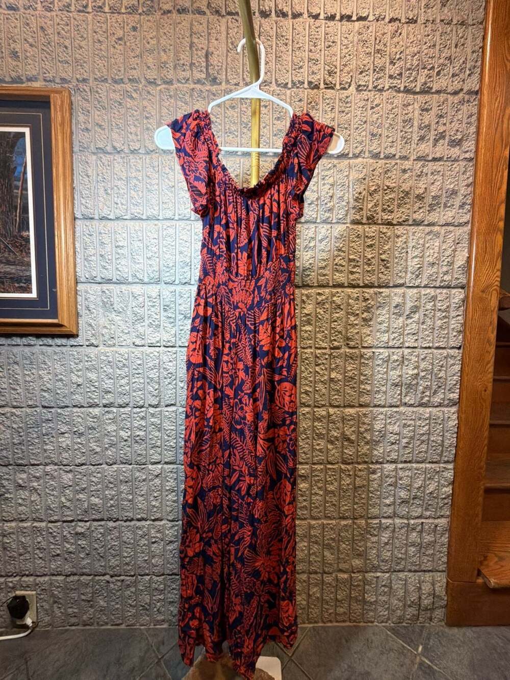 643 Patrons of Peace Jumpsuit Size XS Blue Red Floral Off Shoulder